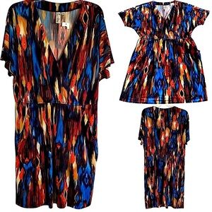 Emma & Michele Faux Wrap Belted Colorful Print Dress Sz L Pockets New!